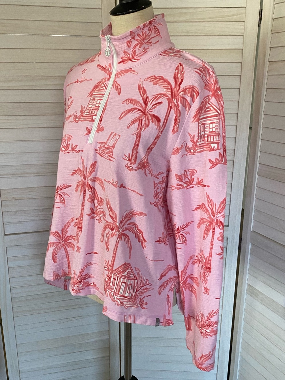 T by Talbots Pink Tropical Palm Print Quarter Zip Long Sleeve Top SZ XL uPF 50+ - Picture 10 of 15
